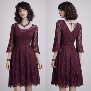 NWT Burgundy Lace V Neck Sz L Burgandy Lace Overlay Dress Cocktail Whimsy Goth